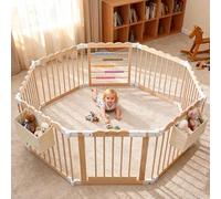 M MEEPO Corralito plegable para bebé, 57 x 57 x 25 pulgadas, forma y tamaño ajustables de madera para bebés con 2 bolsas de almacenamiento, patio de madera de pino natural para bebés, niños pequeños