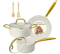 M MELENTA Juego de ollas y sartenes antiadherentes, juego de utensilios de cocina de inducción de granito blanco, juego de cocina antiadherente con mango dorado y utensilios, apto para horno (PFOS