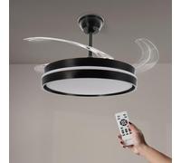 M mimotec -Ventilador de Techo Black Afar Retráctil Negro con Luz LED CCT Ø107 cm, Mando a Distancia, Silencioso, 6 Velocidades, Aspas Plegables, Temporizador y Función Verano/Invierno