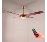 M mimotec - Ventilador de Techo con luz Led Easymal cuero/nogal 55W, mando a Distancia, Bajo consumo, motor DC 27W+Luz Led 18W, 6 velocidades,Silencioso,4 Aspas, invierno-verano, temporizador.