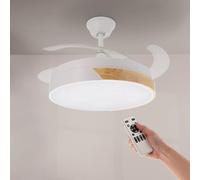 M mimotec - Ventilador de Techo con luz Led Messe 72W Blanco con madera natural Haya y Mando a Distancia, motor DC, 6 velocidades, 4 Aspas retráctiles, función verano-invierno, temporizador. Con APP