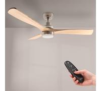 M Ledme - Ventilador de Techo Led Wood 58W Niquel, mando a Distancia, motor DC 30W+Luz Led 18W, 6 velocidades, Silencioso,3 Aspas madera natural, 132 cm, función verano-invierno, temporizador