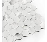 M MOFIT Azulejos hexagonales para despegar y pegar, para cocina, autoadhesivos, de metal y mármol, diseño de panal de abeja, azulejos de pared adhesivos resistentes al calor (blanco plateado, 5 hojas)
