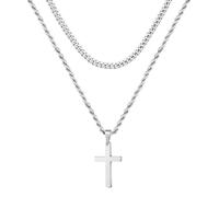 M MOOHAM Cadena de cruz para hombre, juego de 2 unidades, acero inoxidable, plata, oro, negro, collar cubano, cadena cubana, colgante de cruz, colgante de graduación, regalos de cumpleaños para