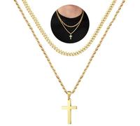 M MOOHAM Cadena de cruz para hombre, juego de 2 unidades, acero inoxidable, plata, oro, negro, collar cubano, cadena cubana, colgante de cruz, colgante de graduación, regalos de cumpleaños para