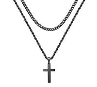 M MOOHAM Cadena de cruz para hombre, juego de 2 unidades, acero inoxidable, plata, oro, negro, collar cubano, cadena cubana, colgante de cruz, colgante de graduación, regalos de cumpleaños para
