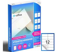 M-office Etiquetas Adhesivas A4 compatible con Label Printer, Pegatinas Blancas Adhesivas para Uso Diario, Papel Adhesivo para Imprimir, Pegatinas para Escribir (12 por hoja, 25h)