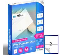 M-office Etiquetas Adhesivas A4 compatible con Label Printer, Pegatinas Blancas Adhesivas para Uso Diario, Papel Adhesivo para Imprimir, Pegatinas para Escribir (2 por hoja, 100h)