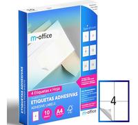 M-office Etiquetas Adhesivas A4 compatible con Label Printer, Pegatinas Blancas Adhesivas para Uso Diario, Papel Adhesivo para Imprimir, Pegatinas para Escribir (4 por hoja, 10h)