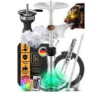 M. ROSENFELD Juego completo de cachimba - Acero inoxidable con flujo de aire único gracias a 3 nobles cabezas de lobo de cobre - Accesorios de calidad + posavasos de luz LED (Plata)
