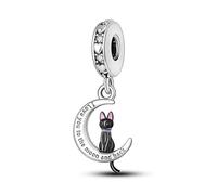 M&S Love You To The Moon And Back Charm - Abalorio de corazón con diseño de gato negro y luna de amor, plata de ley 925, compatible con Pandora y pulsera europea, Metal