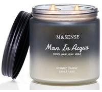 M&SENSE Man in Acqua - Vela de soja de 2 mechas para hombre 330g 70 horas de larga duración, velas masculinas orgánicas naturales para regalar en San Valentín.