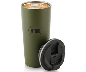 M-Tac Taza de café aislada de viaje - Taza térmica de doble pared de acero inoxidable con tapa abatible 15 oz (oliva)