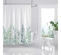 M&W DAS DESIGN Cortina de ducha con diseño de hojas verdes, flores, plantas, baño, cortina textil con efecto antimoho, lavable, incluye 10 anillos en C con peso inferior, 150 x 200 cm (ancho x alto)