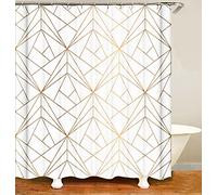 M&W DAS DESIGN - Cortina de ducha de líneas doradas, triángulos amarillos, textil para baño, efecto antimoho, lavable, 12 anillos en C, peso ligero