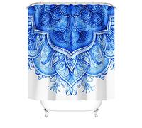 M&W DAS DESIGN Cortina de ducha de mandala para plantas textil flores bohemio resistente al moho flora azul claro hojas orientales incluye 12 anillos en C peso inferior 180 x 200 cm (ancho x alto)