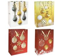 M&W DasDesign - Juego de 12 bolsas de regalo de Navidad grandes con 4 diseños de bolas festivas (3 de cada diseño) con efecto de purpurina para un brillo festivo, ideal para regalos de Navidad