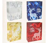 M&W DasDesign - Juego de 12 bolsas de regalo de Navidad grandes con 4 elegantes diseños de renos (3 de cada diseño), efecto purpurina para un brillo festivo, ideal para regalos de Navidad
