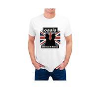 (M,White)Oasis T-Shirt for Men Union Jack Silhouette Design with United in Noise Quote Britpop Anthem Tee