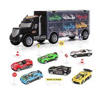 m zimoon Juguete Camión de Transporte, Transportador Coches de Juguetes con 8pcs Accesorios y 6pcs Mini Coches de Metal de Cumpleaños Fiestas Navidad Regalo para Niños Niñas de 2 a 8