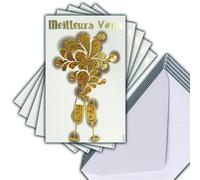 M5-508 - Lote de 5 tarjetas idénticas con mejores deseos de oro dorado, 13,5 x 8,5 cm + 5 sobres blancos 14 x 9 cm - Feliz año nuevo deseos - 2 flautas champán burbujas de felicidad - creado impreso