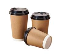 M7 Packaging Vasos de papel desechables Kraft con tapas, 12 onzas, 16 onzas, marrón con tapas negras (12 onzas/350 ml, 200 unidades)