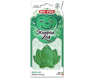 Ma-Fra, Chimpanzen Green Power, Perfumador de Goma para Coche, Mono Meditando sobre Flor de Loto, Inspirado en la Filosofía Zen, Fragancias Frescas de Limón Verde y Bergamota, 1 Pieza