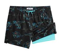 MaaMgic 5.5" 2 en 1 Bañador con Forro de Compresión con Cremallera Hombre Shorts de Baño Shorts de Playa Traje de Baño para Natación Secado Rápido para Vacaciones,5.5 Dino Negro Glacial Azul,L