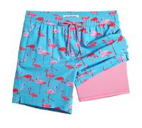 MaaMgic 7" 2 en 1 Bañador con Forro de Compresión con Cremallera Hombre Shorts de Baño Shorts de Playa Traje de Baño para Natación Secado Rápido para Vacaciones,09Flamingo Azul Cielo,M