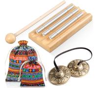 Maasechs El juego de 2 instrumentos de percusión incluye platillos tibetanos Tingsha y campana de meditación de tres tonos con baqueta, bolsa de tela tibetana con cordón para meditación, yoga,