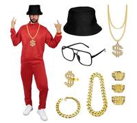 Maazusa Disfraz de hip hop de los años 80 y 90 para hombre, 11 piezas, disfraz de discoteca de rapero, disfraz de discoteca para fiesta temática, cosplay, Halloween (rojo, L)