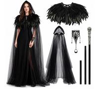 Maazusa Gothic Fantasy Evil Queen - Conjunto de chal de plumas negras con capas de malla con capucha, pulsera para el personal, bruja reina villana, cosplay