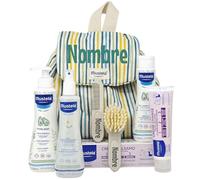 Mababy Mi Primera Canastilla - Sets Regalo Bebé con Cosmética Suave y Cepillo y Peine Personalizado, Cesta Personalizada Aseo Recién Nacido (Varios (Mochila Rayas))