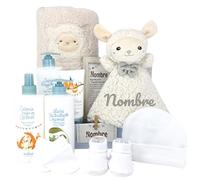 Mababyshop Bubbles Canastilla Bebé Personalizada con Manta, Dou Dou Ovejita Bordado, Set de Primera Puesta y Set de Higiene, Regalo Recién Nacido (Gris)