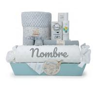 Mababyshop Burbujas, Canastilla Bebé Personalizada con Manta Muselina 80x100, Rulo decorativo Burbujas Bordado, Chupete y Pinza con Nombre, Muselina 75x75, Patucos y Agua Perfumada, Regalo Original