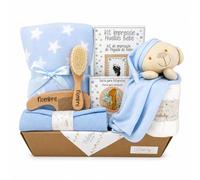 Mababyshop Canastilla Bebé Bambú, Set Regalo Recién Nacido con Dou dou Bambú, Manta Arrullo, Cepillo y Peine Personalizados, Discos de Hitos y Muselina (Azul)
