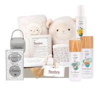 Mababyshop Canastilla Bebé Personalizada con Manta, Peluche, Set de Higiene, Chupete con Nombre, Gasa Bordada y Marco con Significado del Nombre Pure Gris,