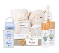 Mababyshop Canastilla Bebé Personalizada con Manta, Peluche, Set de Higiene, Chupete con Nombre, Gasa Bordada y Marco con Significado del Nombre Pure Azul,