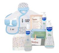 Mababyshop Canastilla Bebé Personalizada Hello!, Set de Regalo de Nacimiento con Ropita de Primera Puesta, Gel, Loción, Colonia, Toallitas y Marco Decorativo con Significado del Nombre (Azul)