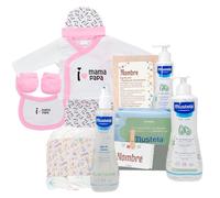 Mababyshop Canastilla Bebé Personalizada Hello!, Set de Regalo de Nacimiento con Ropita de Primera Puesta, Gel, Loción, Colonia, Toallitas y Marco Decorativo con Significado del Nombre (Rosa)