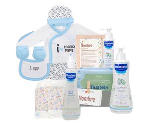 Mababyshop Canastilla Bebé Personalizada Hello!, Set de Regalo de Nacimiento con Ropita de Primera Puesta, Gel, Loción, Colonia, Toallitas y Marco Decorativo con Significado del Nombre (Azul)