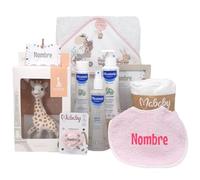 Mababyshop Canastilla Bebé Personalizada Mi Baño Clásico con Sophie, Capa de Baño, Babero Bordado, Chupete Grabado y Set de Higiene (Rosa)