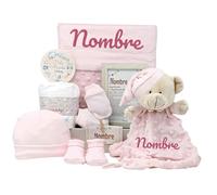 Mababyshop - Canastilla Bebé Personalizada Niña: Manta Coralina, Dou Dou Osito, Conjunto Primera Puesta, Pastel Pañales Pingo, Marco Nombre, Rosa, 7 Unidades, Microfibra