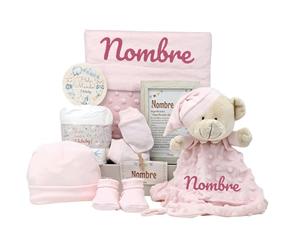 Mababyshop - Canastilla Bebé Personalizada Niña: Manta Coralina, Dou Dou Osito, Conjunto Primera Puesta, Pastel Pañales Pingo, Marco Nombre, Rosa, 7 Unidades, Microfibra
