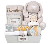 Mababyshop - Canastilla Bebé Personalizada | Peluche Conejito Velvet | Manta Coralina con Nombre | Chupete Anatómico | Placas Cumplemes | Cesta Bebé Recién Nacido, Beige
