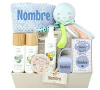 Mababyshop Canastilla Bebé Personalizada Pop!, Regalo Recién Nacido con Manta Bordada, Set Chupete Personalizado, Peluche Pulpo y Cosmética Bebé (Azul)