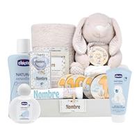 Mababyshop Canastilla Bebé Personalizada Rabbits Deluxe con Peluche Conejito, Manta Coralina, Gasa Bordada, Chupete y Pinza Grabados, Set de Higiene, Pañales Talla 2, Marco y Discos de Hitos (Azul)