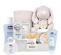 Mababyshop Canastilla Bebé Personalizada Rabbits Deluxe con Peluche Conejito, Manta Coralina, Gasa Bordada, Chupete y Pinza Grabados, Set de Higiene, Pañales Talla 2, Marco y Discos de Hitos (Gris)