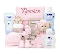 Mababyshop Canastilla Bebé Personalizada True Colors, Manta Bordada con Nombre, Set Ropa Algodón, Dou dou, Cosmética Bebé, Regalo Recién Nacido (Rosa)