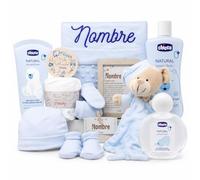 Mababyshop Canastilla Bebé Personalizada True Colors, Manta Bordada con Nombre, Set Ropa Algodón, Dou dou, Cosmética Bebé, Regalo Recién Nacido (Azul)